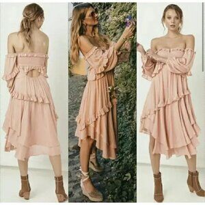 Spell & The Gypsy Clementine Mermaid Smocked Tiered Layered Ruffle Maxi Dress XS